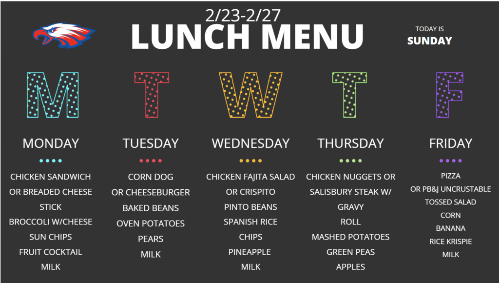 Lunch Menu for 2/23 to 2/27/26