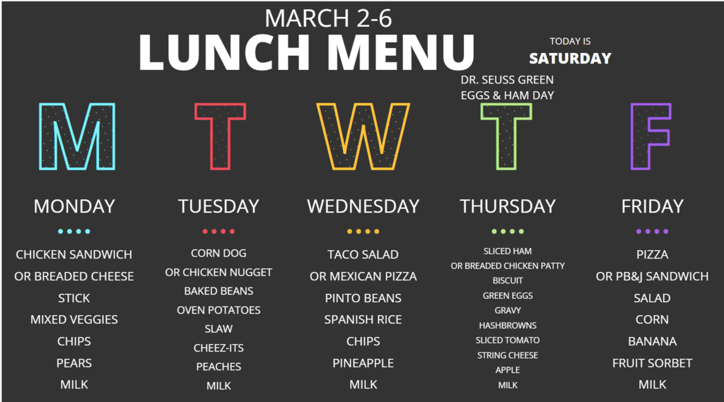 Lunch Menu for 3/2 to 3/6/26