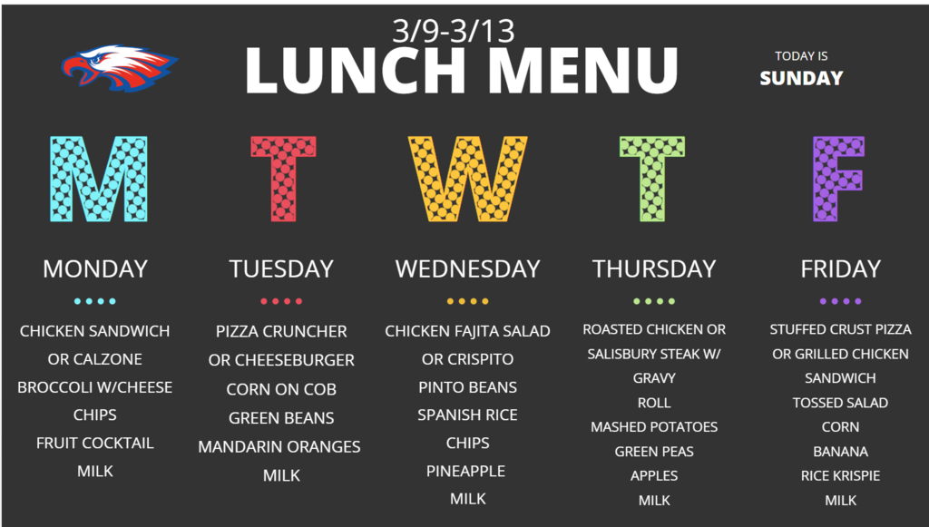 Lunch Menu for 3/9 to 3/13/26
