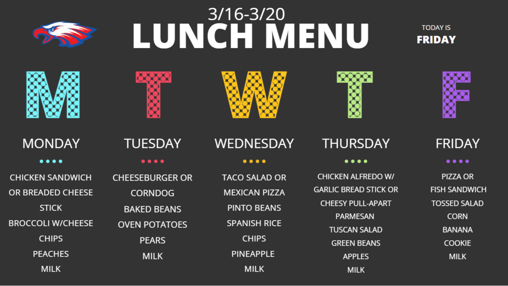 Lunch Menu for 3/16 to 3/20/26
