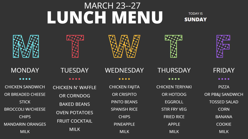Lunch Menu for March 23 to 27, 2026