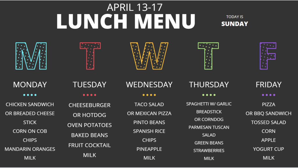 Lunch Menu for April 13 to April 17, 2026