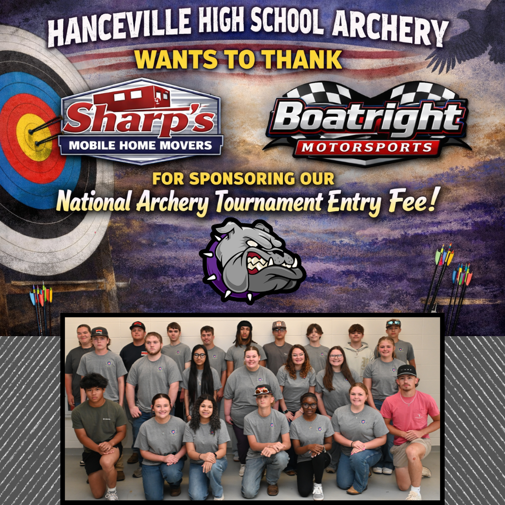 An advertisement poster with an archery target background, featuring sponsors Sharp's Mobile Home Movers and Boatright Motorsports, and a team photo of HHS  Archery.