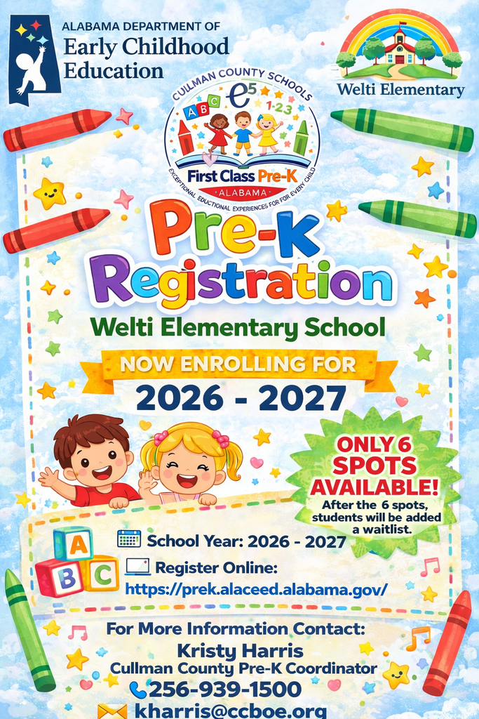 A flyer for the 2026-2027 Pre-K registration at Welti Elementary School, featuring colorful crayons and a rainbow.