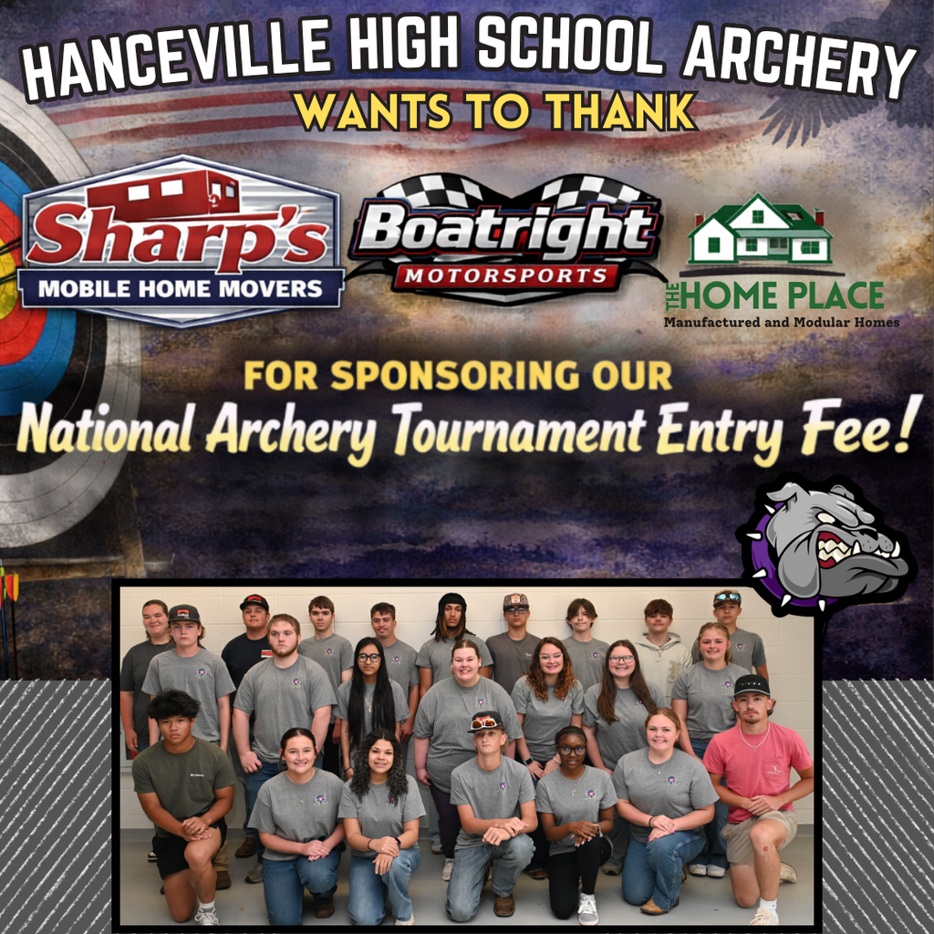 Advertisement poster thanking sponsors for the archery team. A group photo of archery team members below the list of sponsors: Sharp's Mobile Home Movers, Boatright Motorsports, and The Home Place.