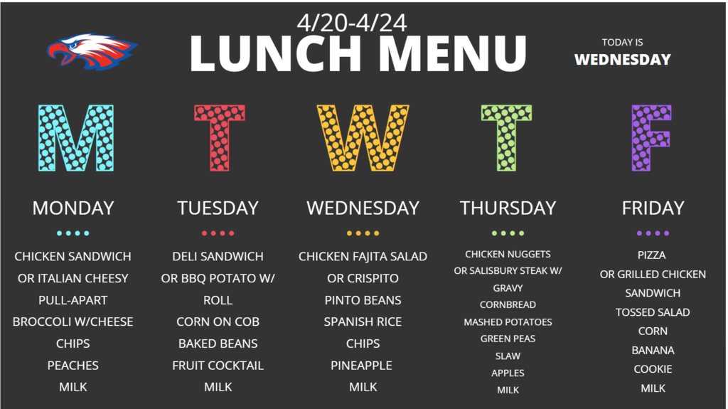 Lunch Menu for 4/20 to 4/24/2026