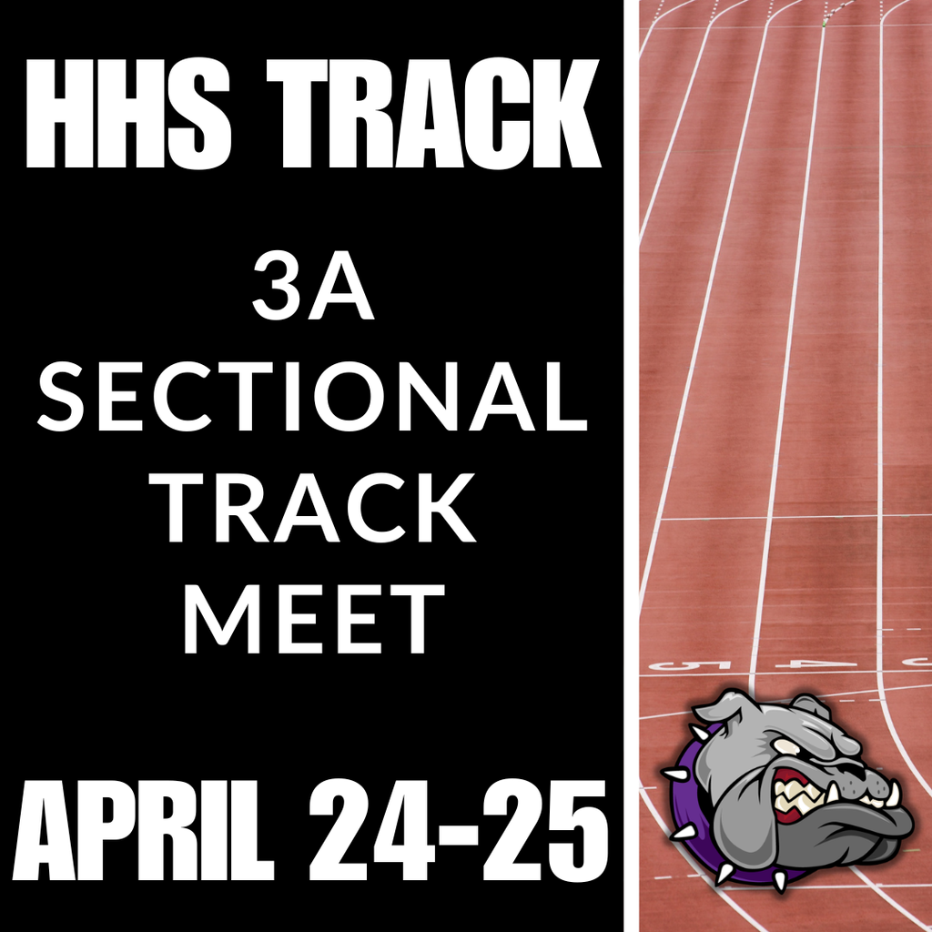 Event poster for a high school 3A sectional track meet on April 24-25, featuring a bulldog logo and red track.