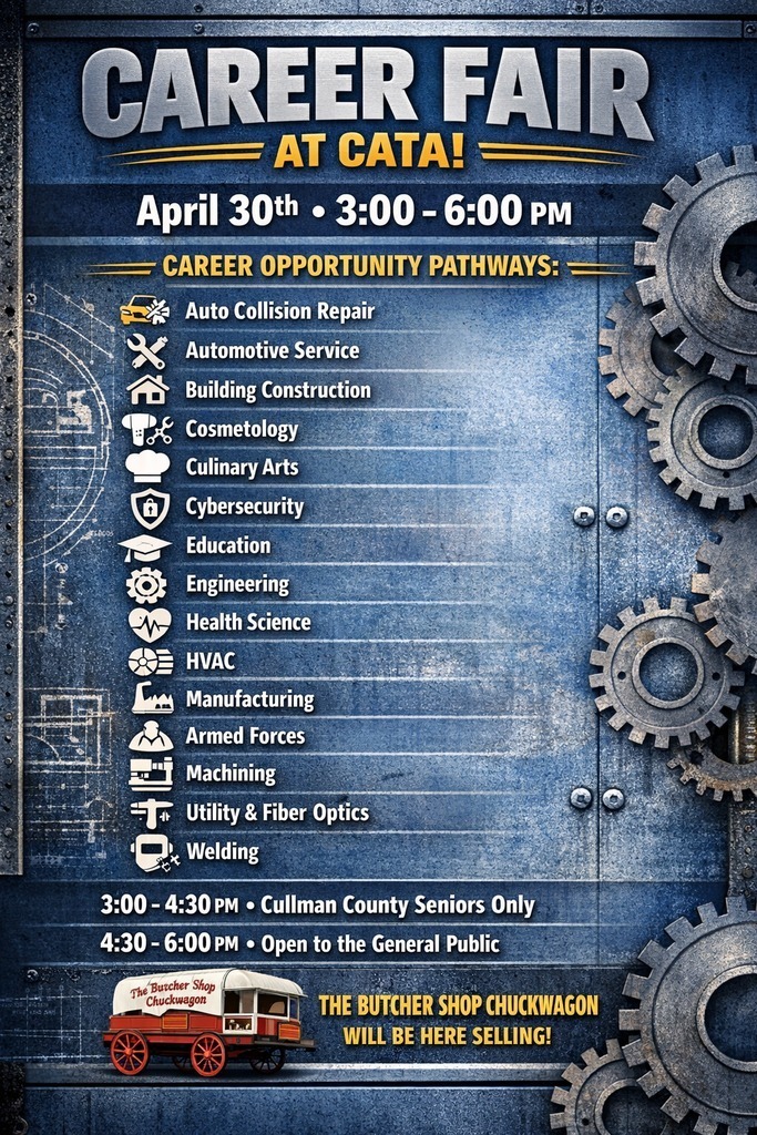 Poster with blue background showing gears. Text reads "Career Fair at Cata!" with date and time. Below, a list of career opportunities.