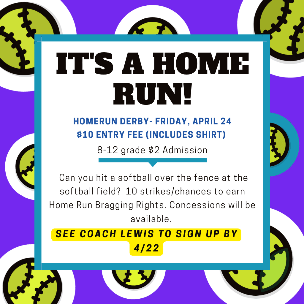 A poster with a purple background featuring a text overlay advertising a Home Run Derby. It includes details about the date, cost, and age range.