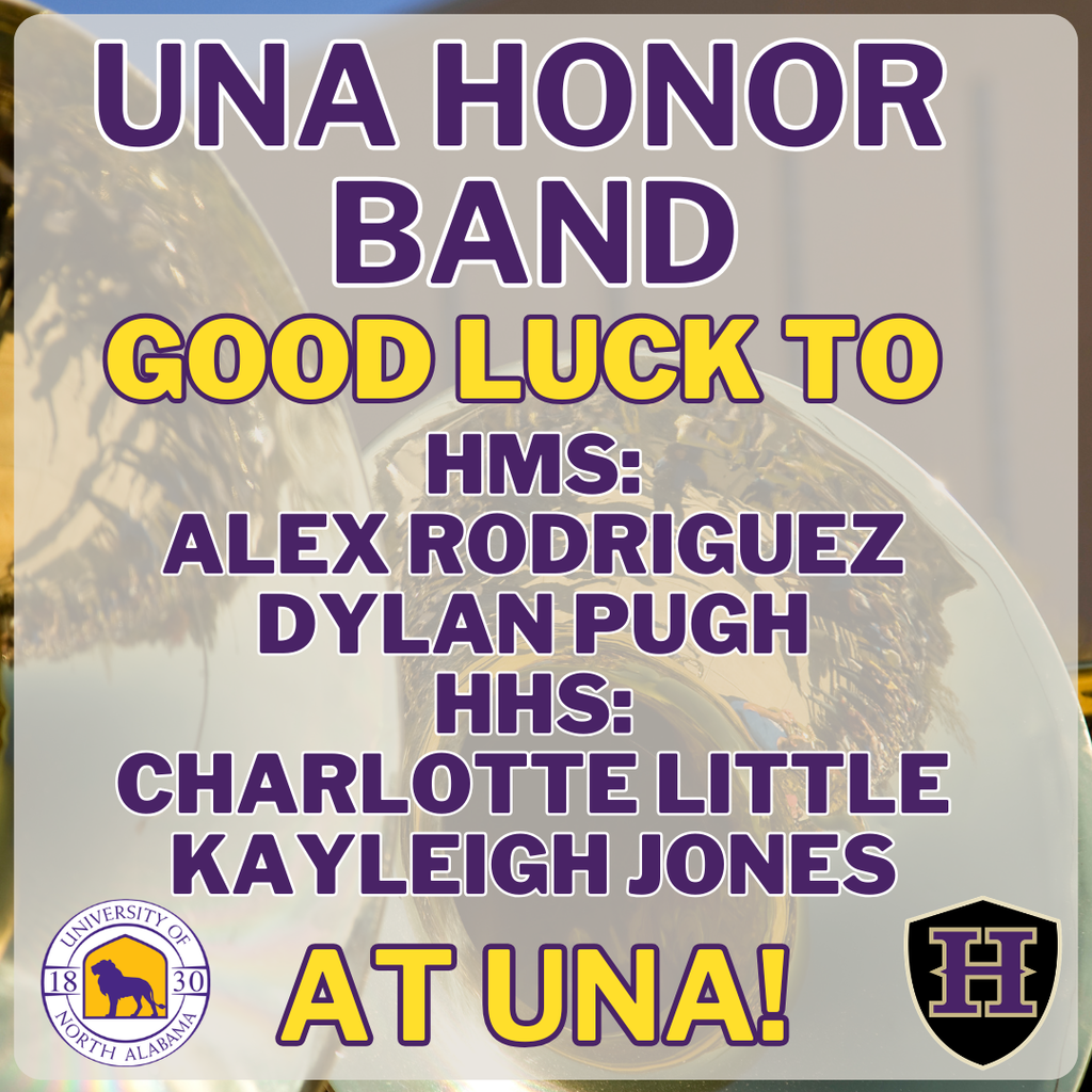 Text on a purple background reads "UNA HONOR BAND GOOD LUCK TO" and lists four names. Logos are on the bottom corners.