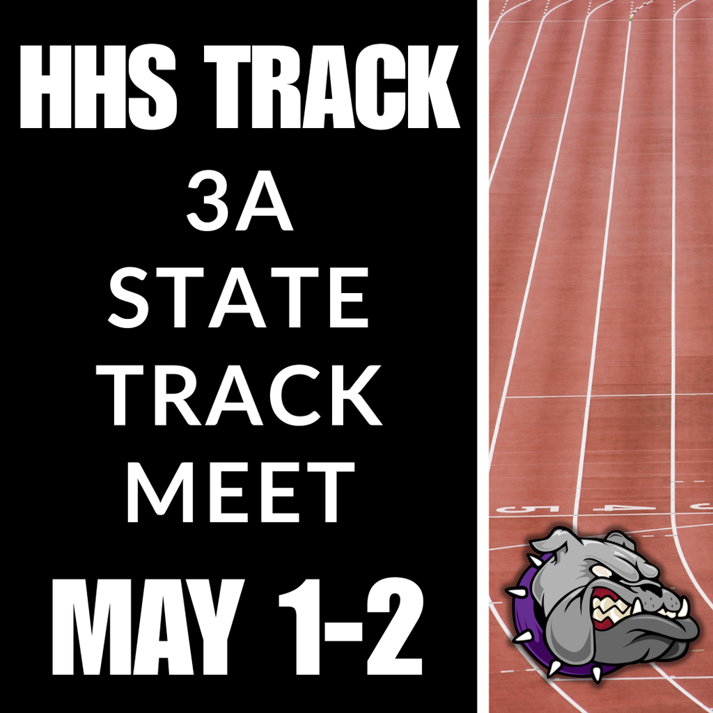 Poster for the high school state track meet on May 1-2 featuring a red track and a mascot.