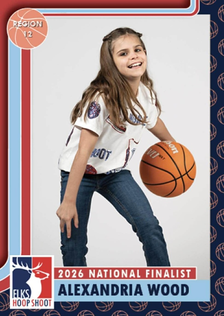 Young girl in white shirt and jeans holding a basketball, standing and smiling with a blue and white border.