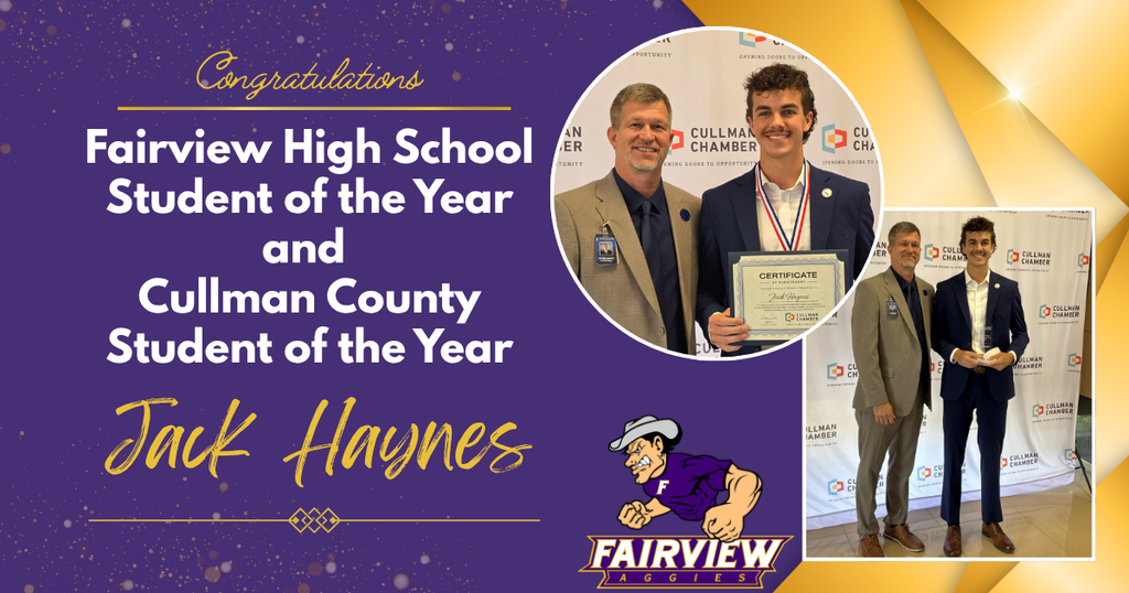 Congratulations!  Fairview High School Student of the Year and Cullman County Student of the Year is Jack Haynes.  Pictures of Jack receiving his medal and trophy.