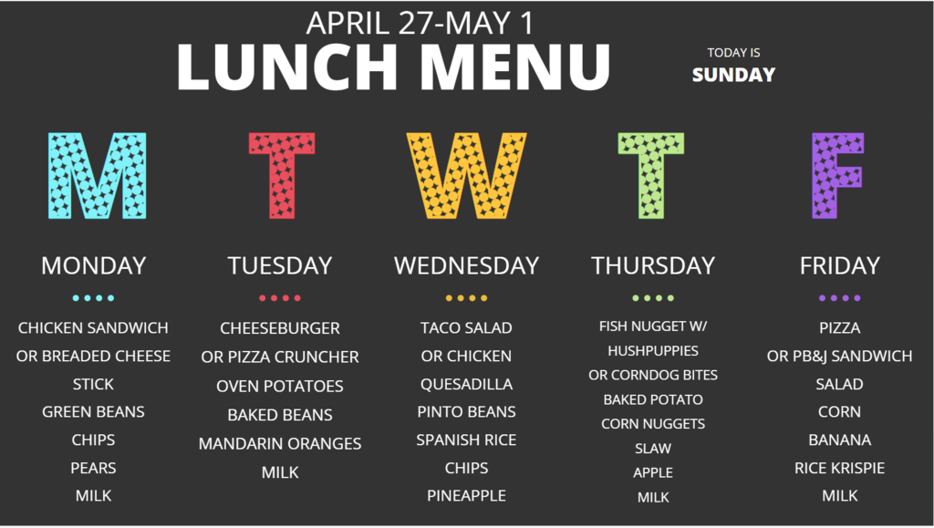 A lunch menu with colorful letters for Monday to Friday. Each day has food items listed with a few blank spaces.