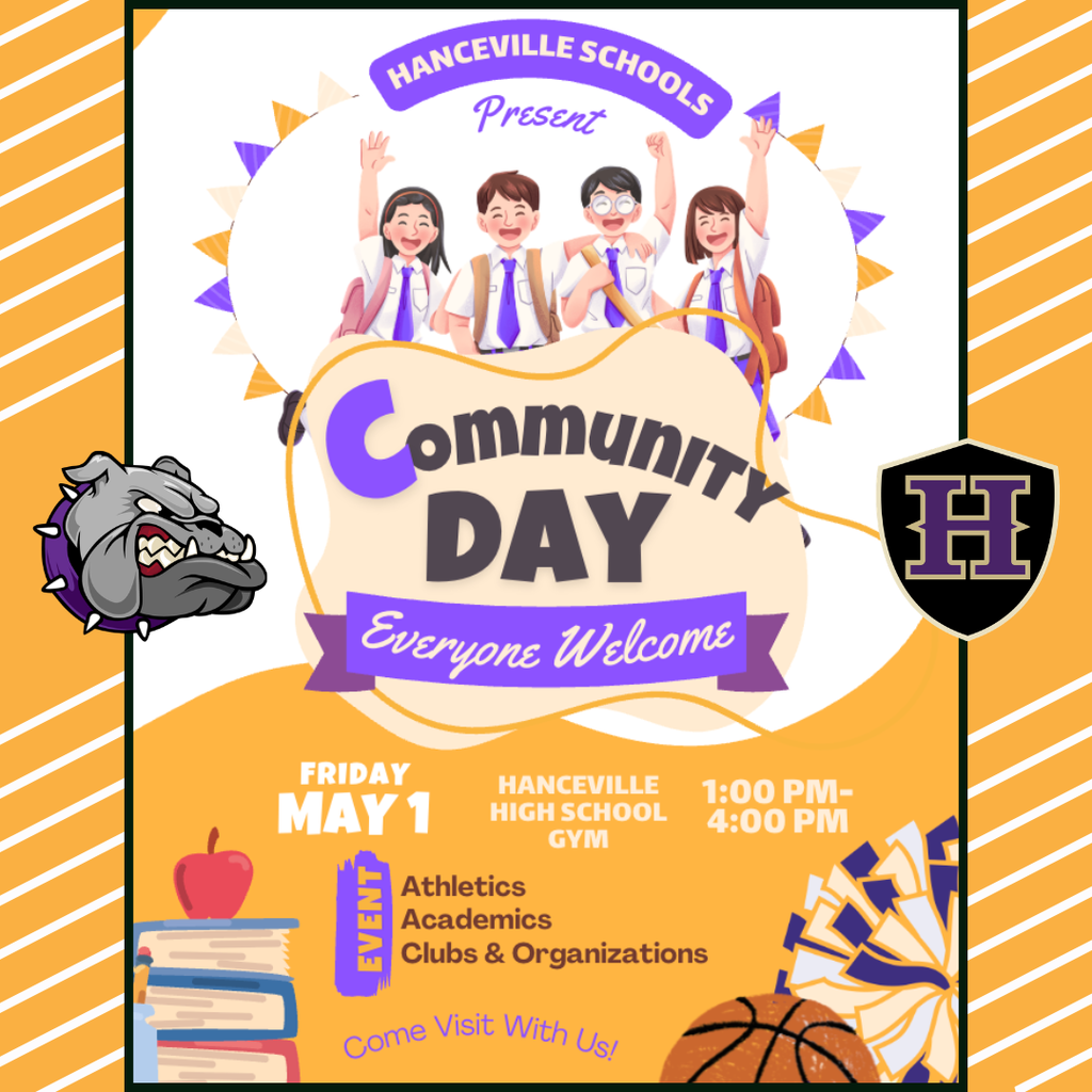 Poster for Community Day at Hanceville High School on May 1.  Times: 1:00-4:00 PM.