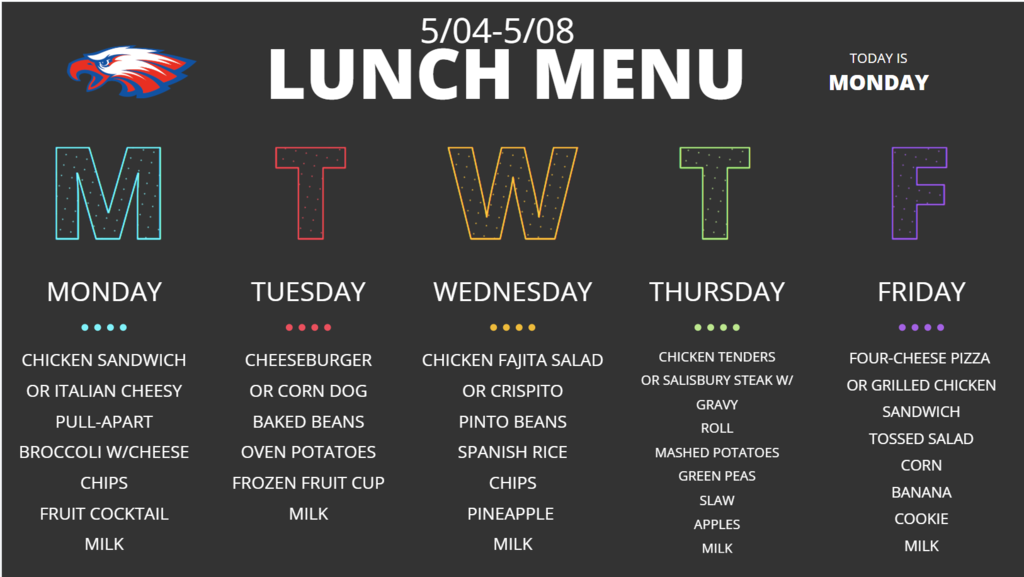 A menu for lunch with five options listed across five days: Monday, Tuesday, Wednesday, Thursday, and Friday.