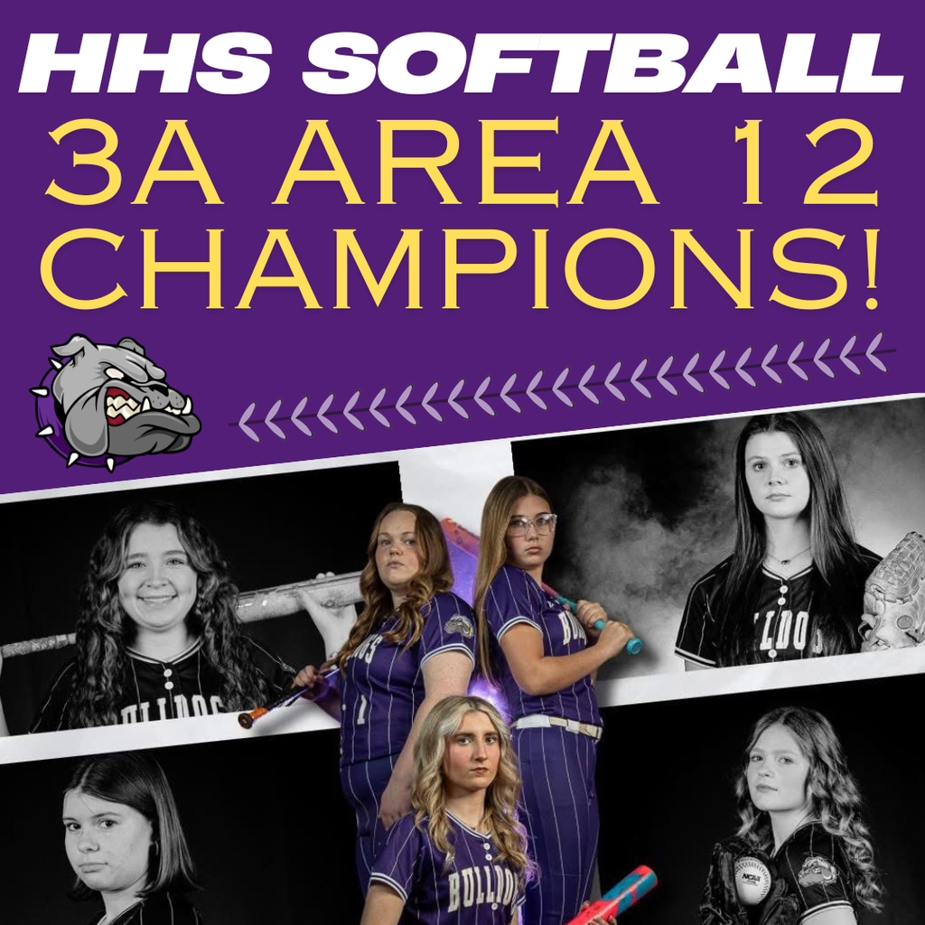 Black-and-white photos of HHS softball players with "HHS Softball 3A Area 12 Champions!" 