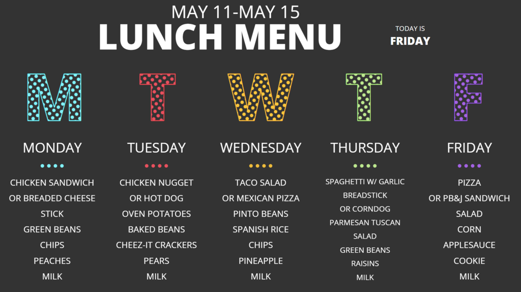 A menu displays daily meal options from May 11 to 15. Colors vary for each day. Milk accompanies every meal.