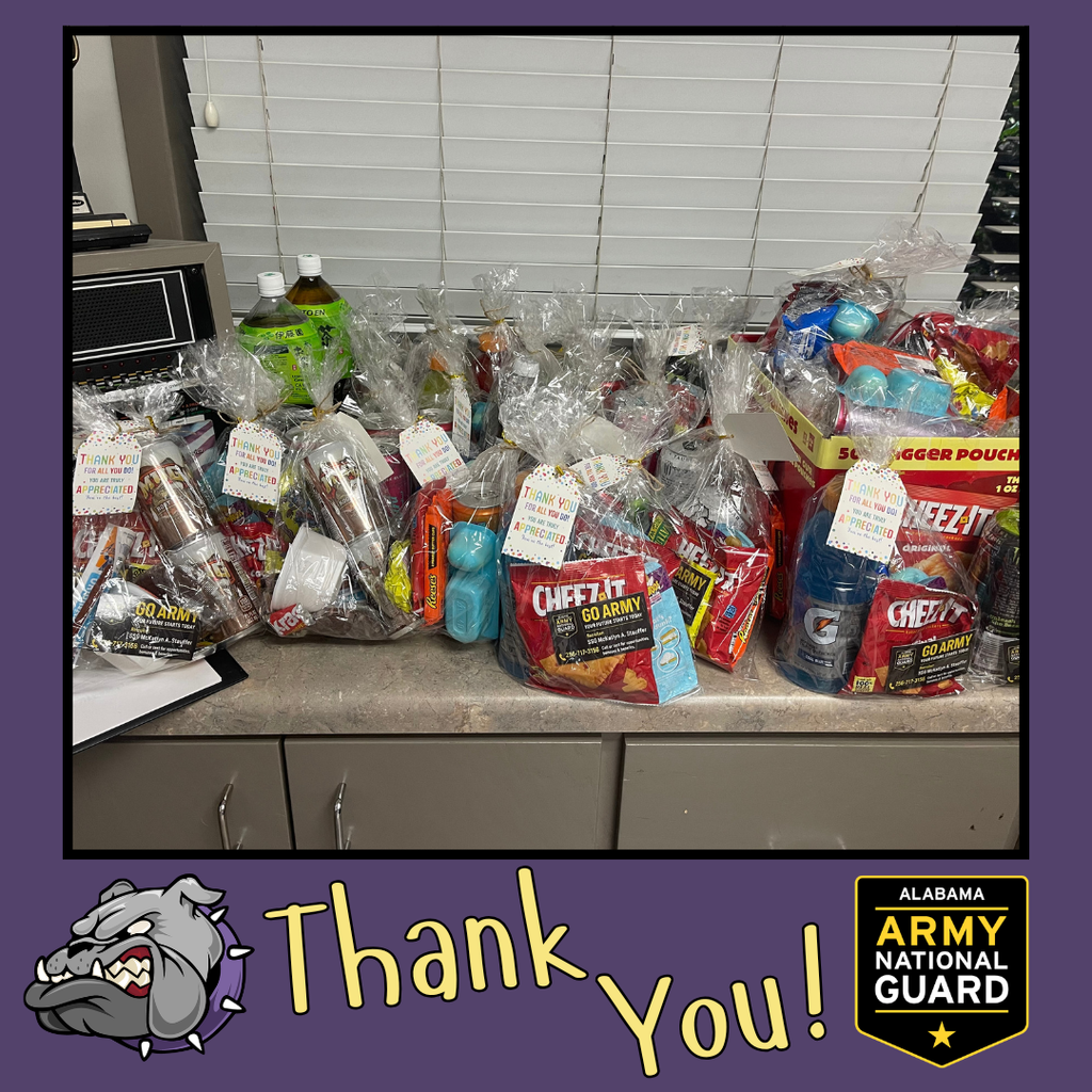 Counter displays several bags of snacks with gift tags, Text reads "Thank You!" to the Alabama Army National Guard.