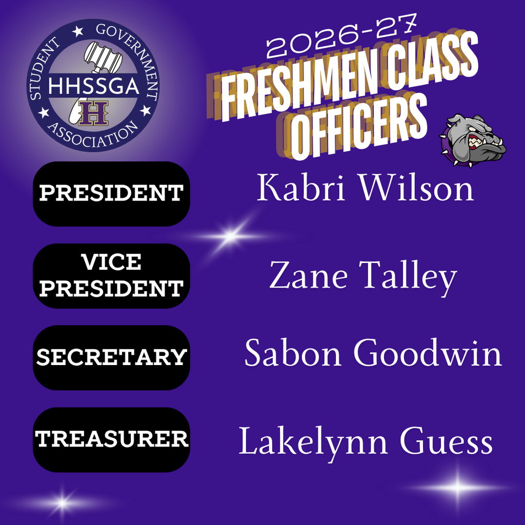 A purple banner lists names and roles of the 2026-27 freshmen class officers, with a school emblem.