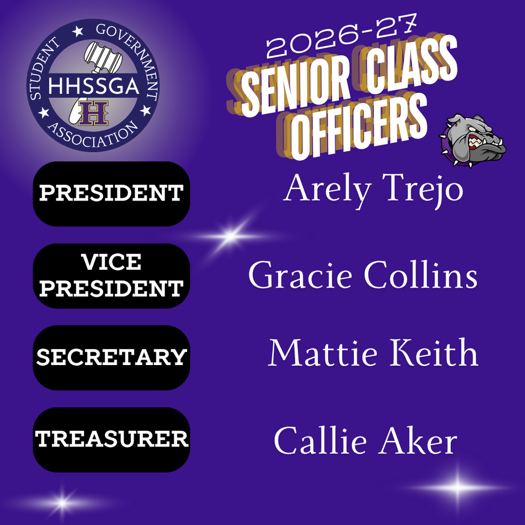 Blue background displays Senior Class Officers for 2026-27. Officers listed: President Arely Trejo, Vice President Gracie Collins, Secretary Mattie Keith, Treasurer Callie Aker.