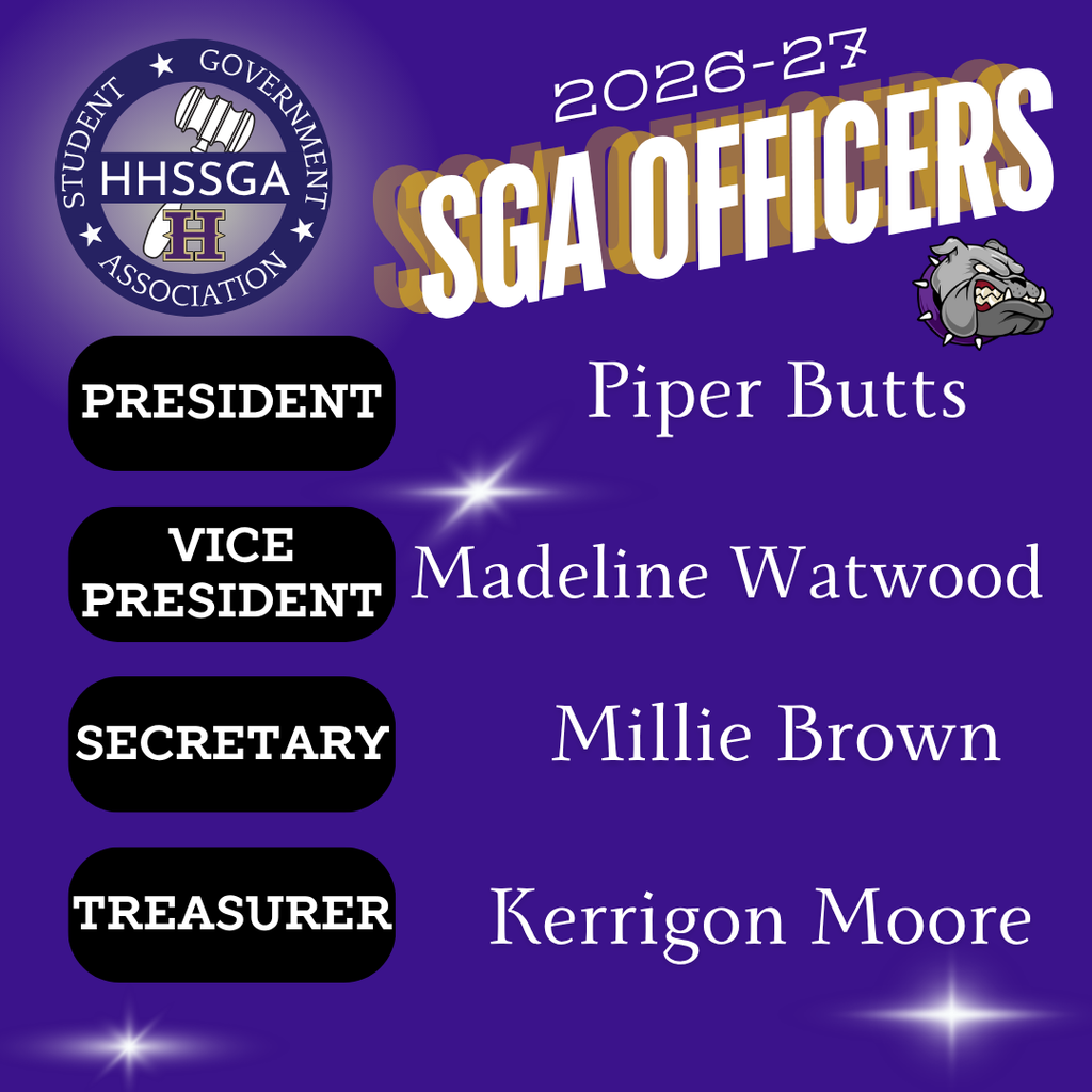 A blue background lists names and roles of student government officers for 2026-27, featuring a mascot.