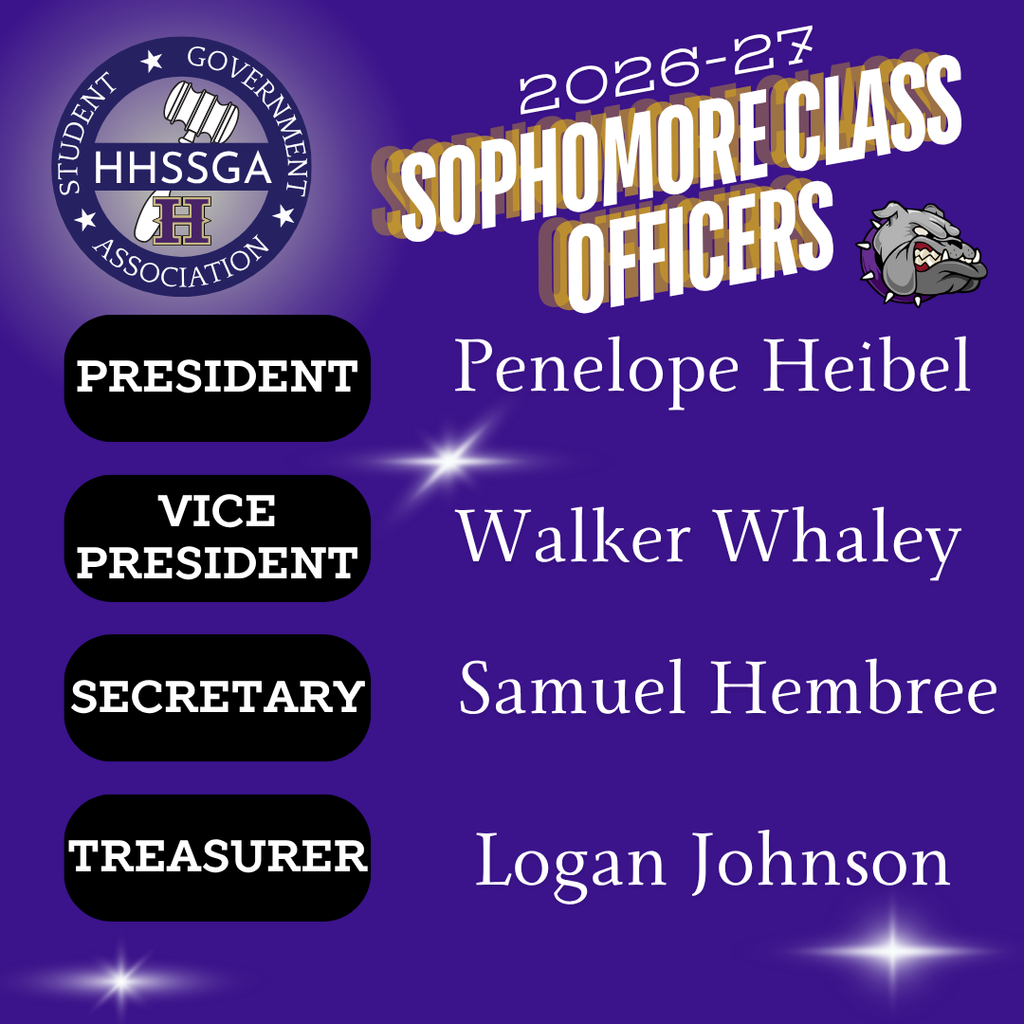 Purple background displays a list of 2026-27 Sophomore Class Officers with titles and names. Logos on left and right.