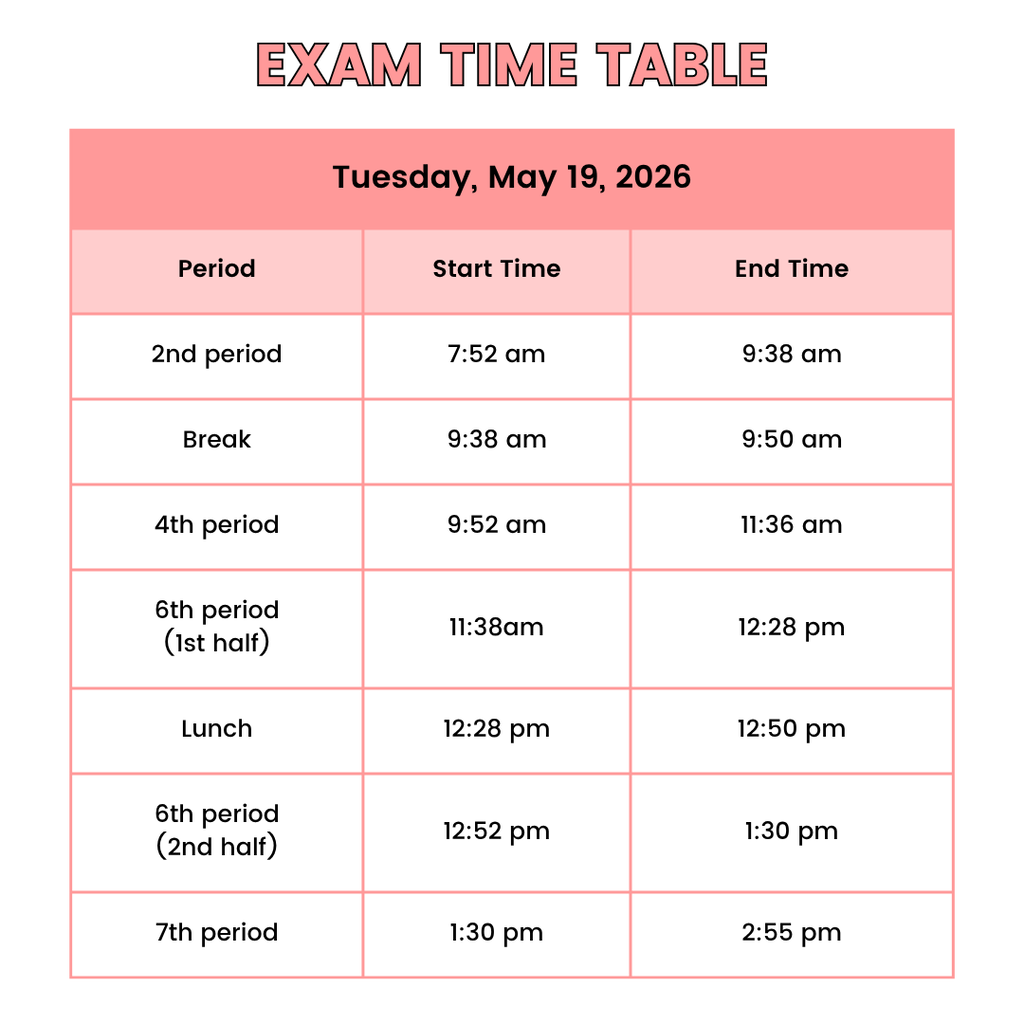 Exam time table for Tuesday, May 19, 2026, with periods, start and end times, and breaks listed.