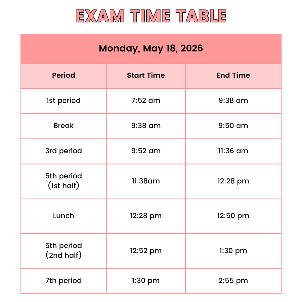 A schedule displays exam periods for Monday, May 18, 2026, with start and end times for each period.