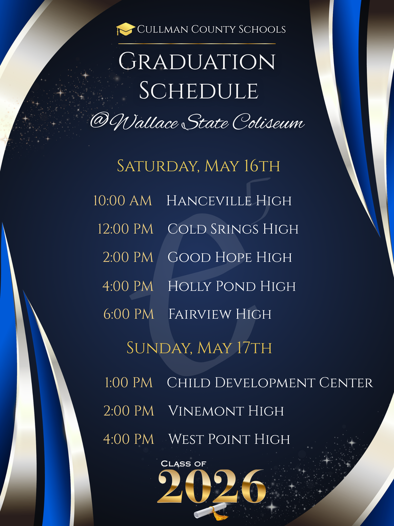 Blue and white graduation schedule for Cullman County Schools. Saturday and Sunday events listed.