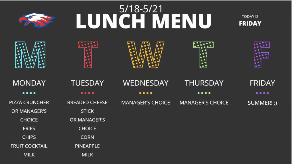 A black backdrop displays a lunch menu for May 18-21. Five days are listed with corresponding meal choices.