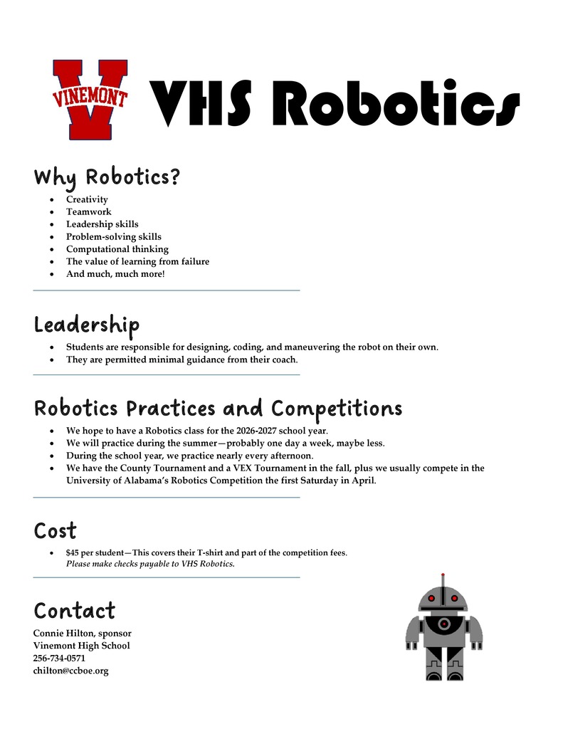 A document with sections on robotics. It includes headings such as "Why Robotics?", "Leadership", "Robotics Practices and Competitions", "Cost", and "Contact".