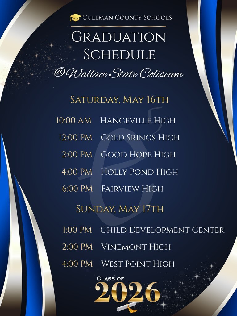 Blue and gold graduation schedule poster with white text. Schools are listed with times on May 16 and 17, 2026.