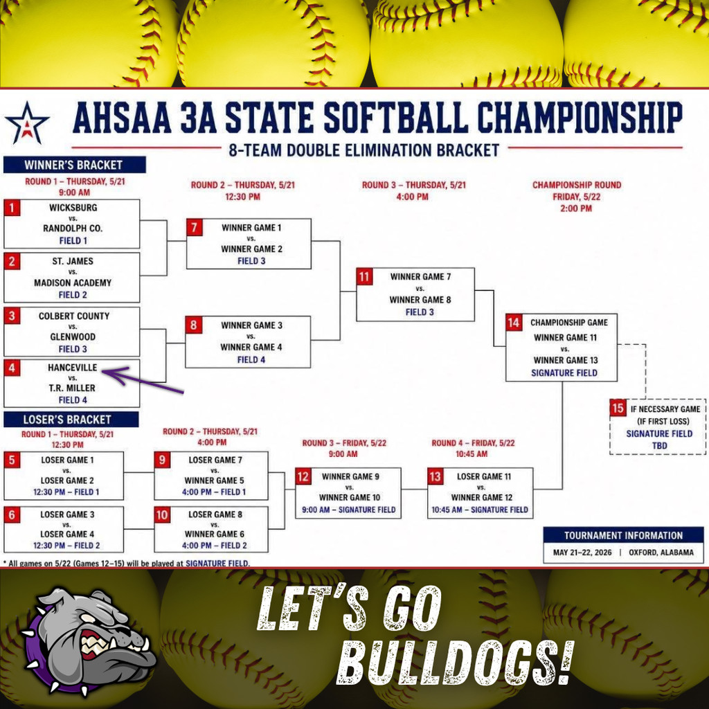 State softball tournament bracket with the words Let's Go Bulldogs!  The softball team plays TR Miller on  Thursday May 21 at 9 AM.