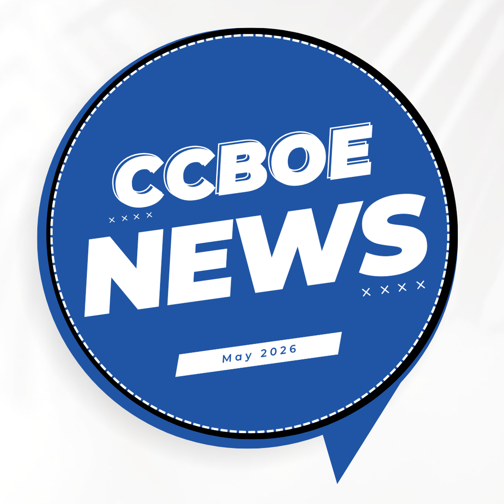 A circular logo with "CCBOE NEWS" written in white letters on a blue background. The text includes "May 2026" at the bottom.