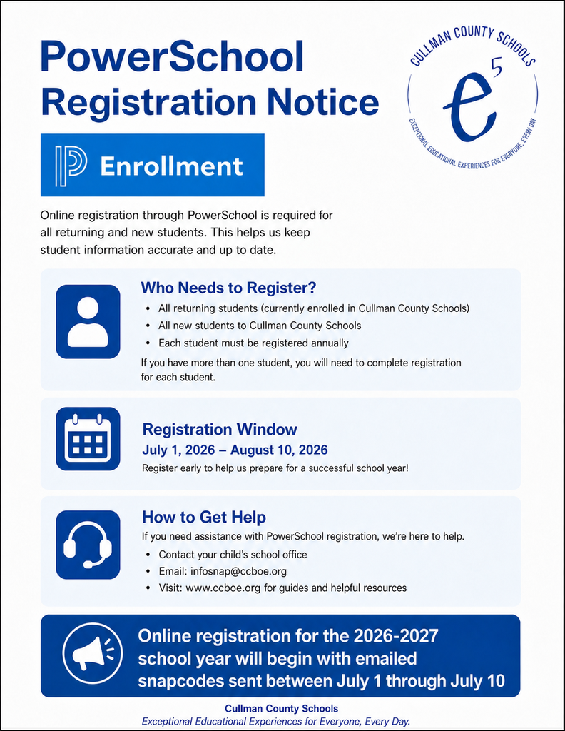 Registration notice for 2026-2027 school year. Enrollment dates from July 1 to August 10, 2026. Help available by email and phone.
