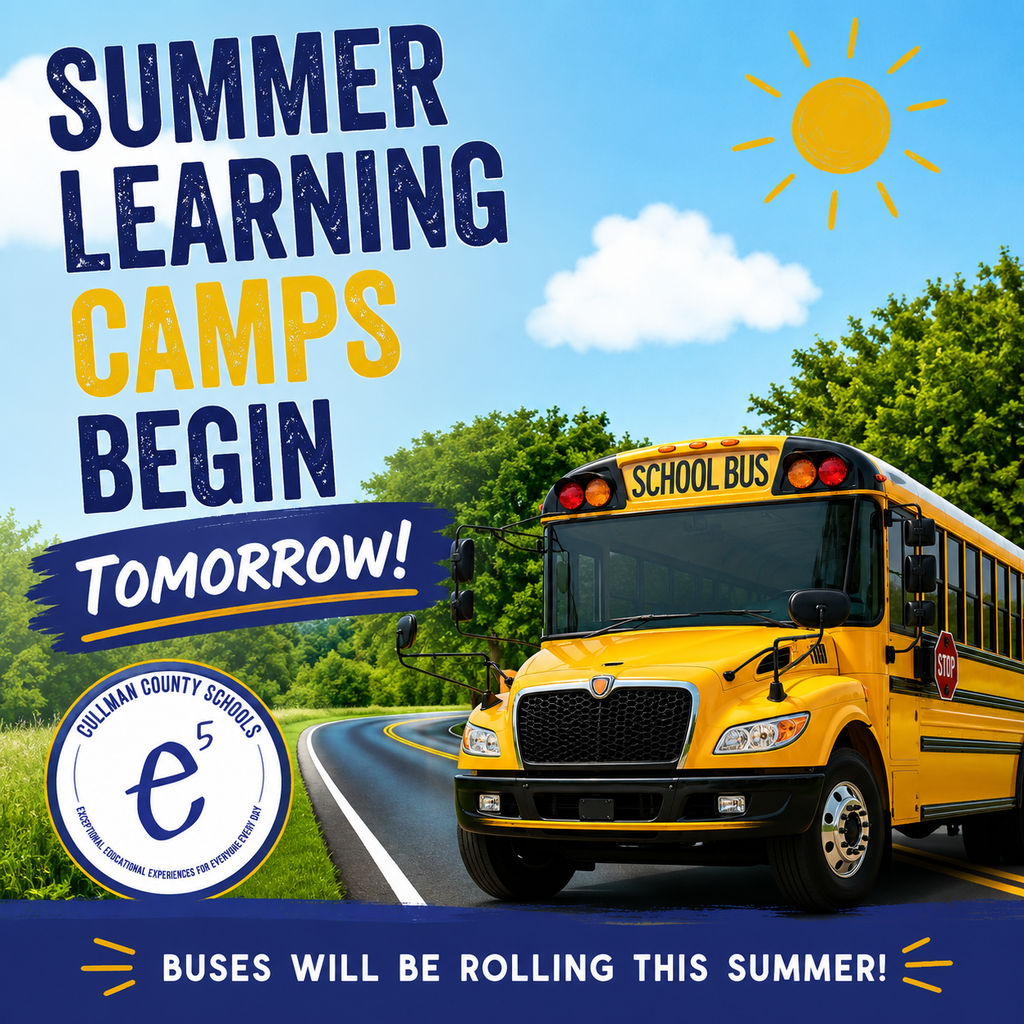 Advertisement for summer learning camps with a bus on a road. Trees and a bright sun are in the background.
