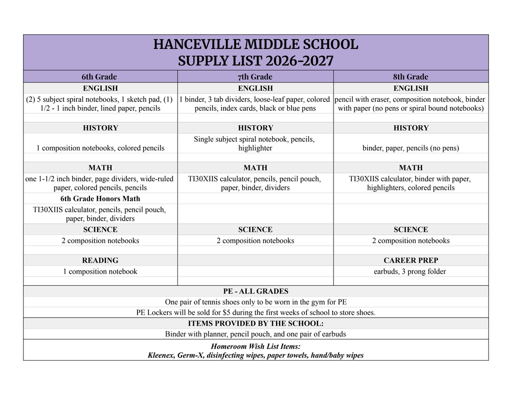 supply list