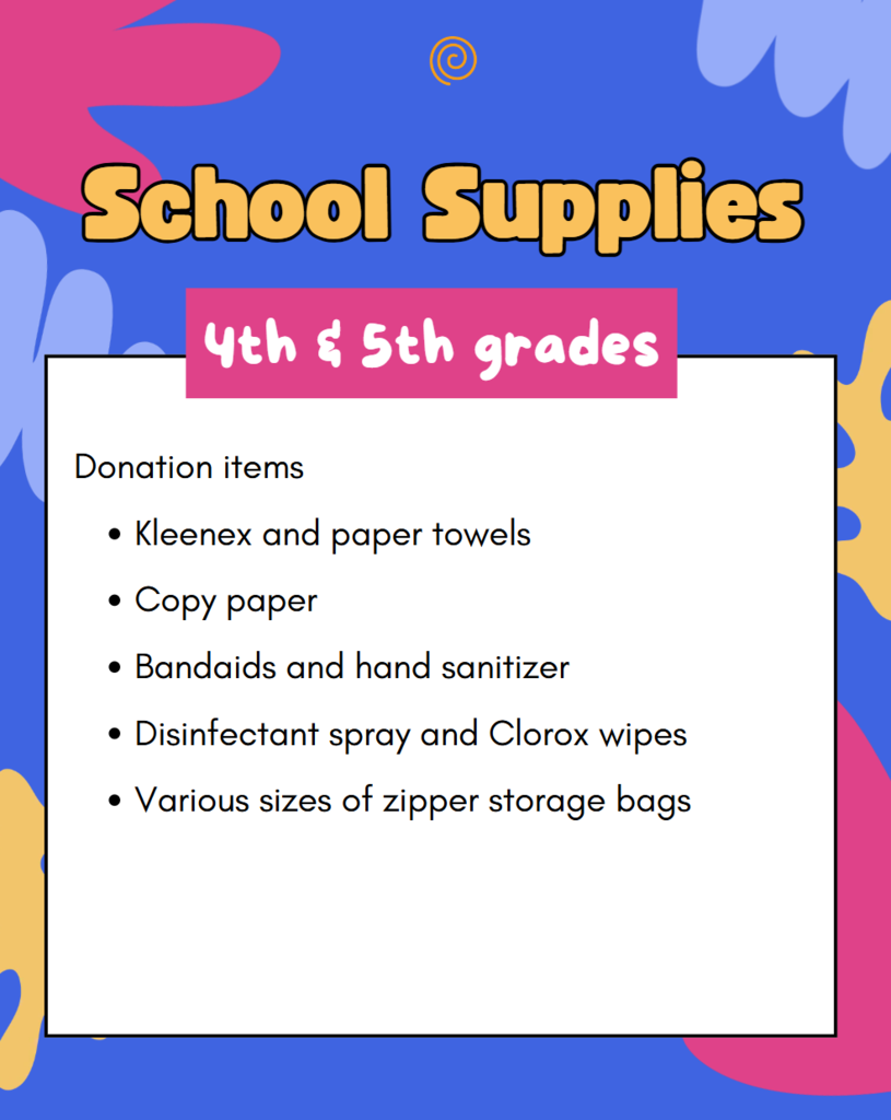 4th and 5th grade donation items