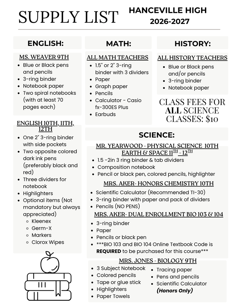 A white page displays a list of school supplies for Hanceville High for 2026-2027, divided into English, Math, History, and Science classes.