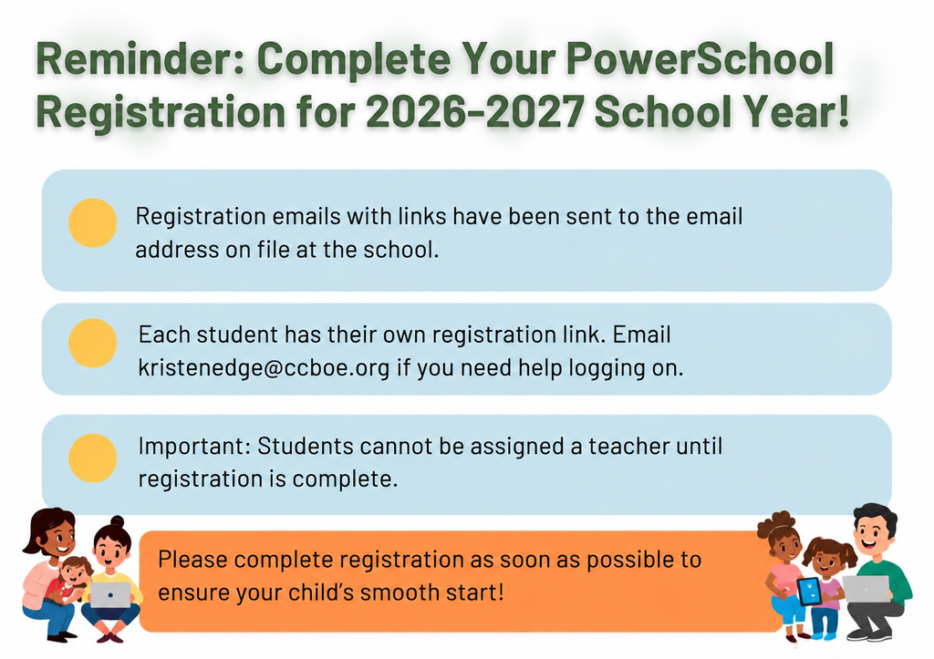 A reminder text displays the importance of completing PowerSchool registration for the 2026-2027 school year.