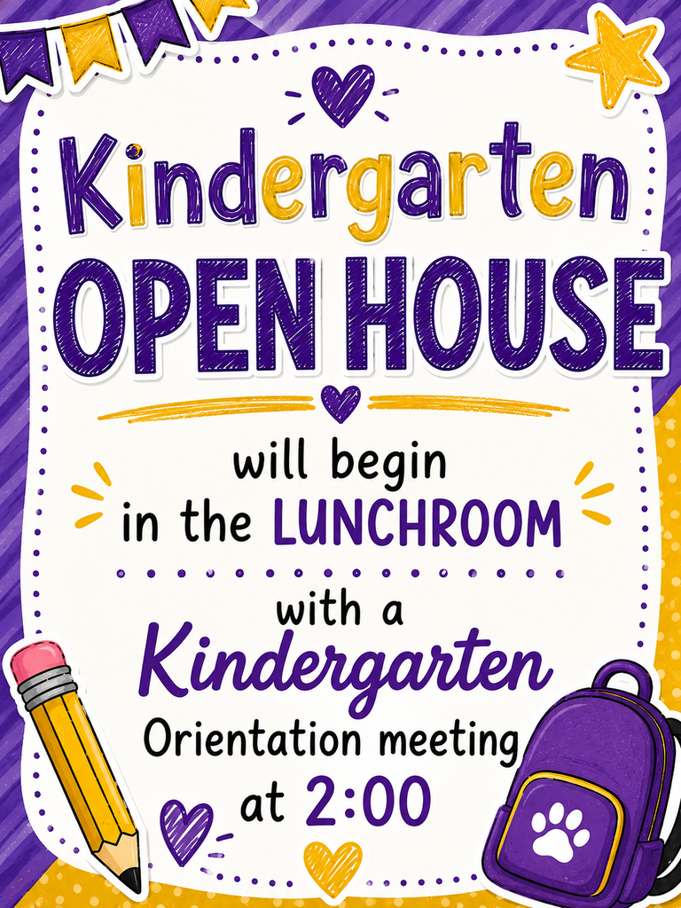 An invitation to Kindergarten Open House features colorful text, a pencil, a backpack, and a paw print on a yellow and purple background.