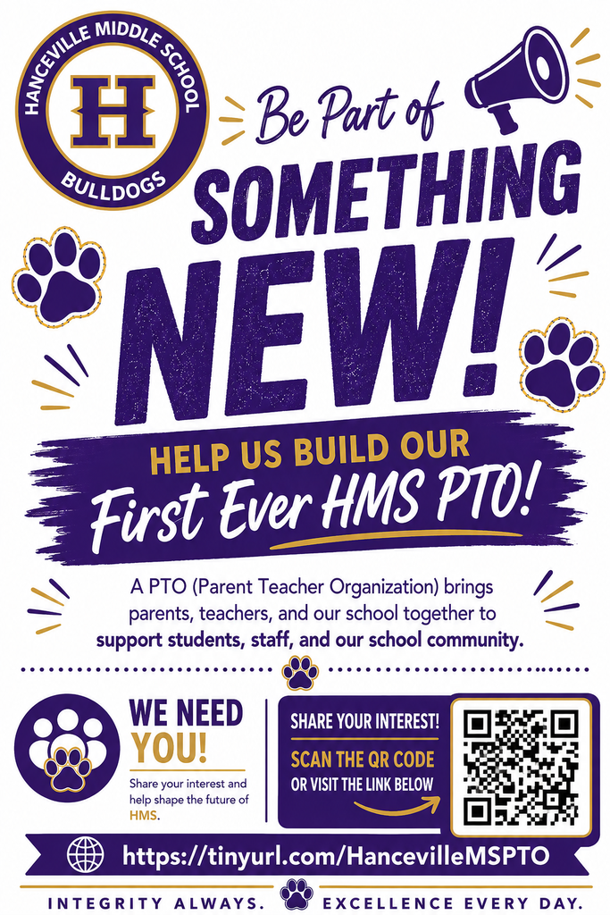 Poster with blue and purple colors inviting to join a new PTO. Paw prints, megaphone, and QR code for more info.