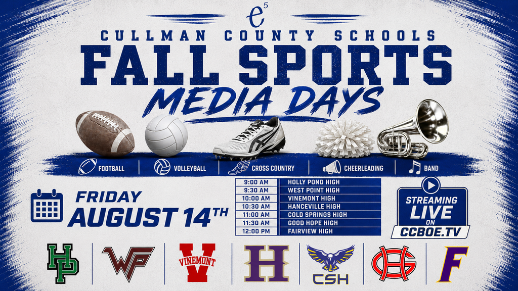 Blue and white poster for Cullman County Schools Fall Sports Media Days. Features icons of a football, soccer ball, shoe, and more.