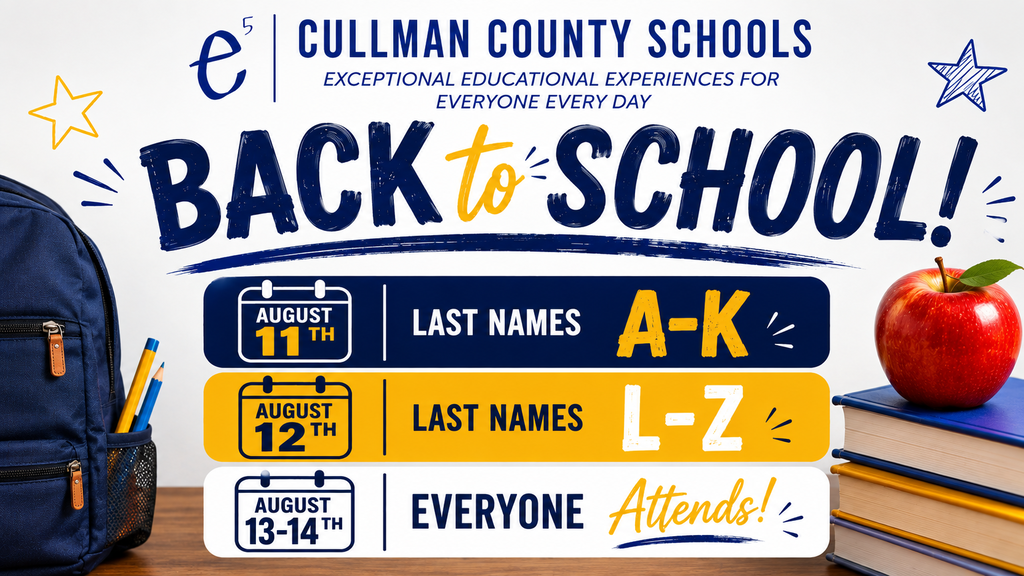 A banner promoting "Back to School" for Cullman County Schools. It includes a backpack, pencil, and books.