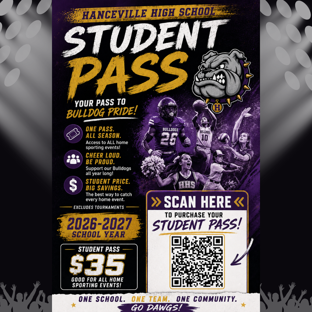 Purple and black poster advertising a student pass for Hancville High School sports events for $35, including a QR code.