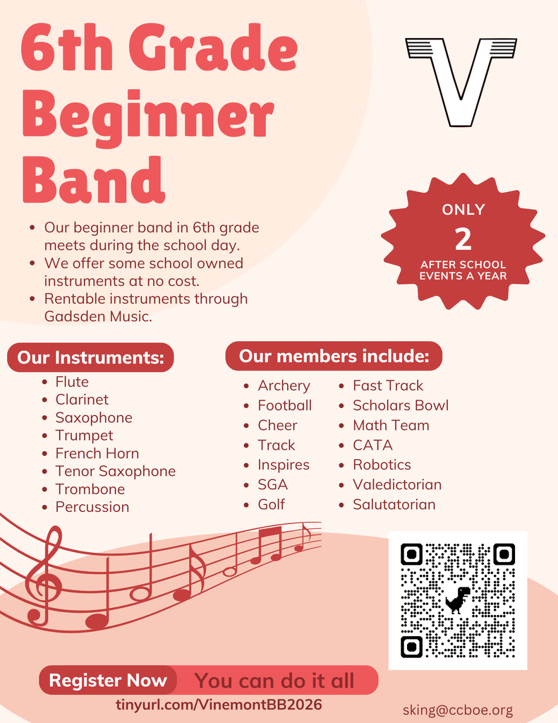 A flyer shows the 6th grade beginner band, offering instruments and a QR code for registration. Musical notes and instruments are featured.