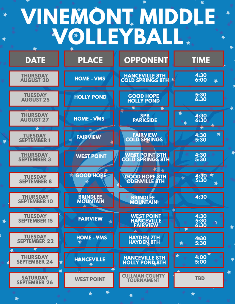 A schedule for Vinemont Middle Volleyball games. Dates, opponents, and locations are listed in a grid format.