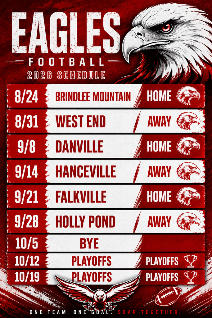 Red poster with an eagle and football. Text reads "EAGLE FOOTBALL 2026". Dates and game locations are listed.