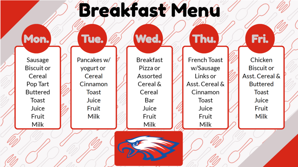 A breakfast menu is displayed with five columns. Each column has a heading for Monday to Friday and lists breakfast options.